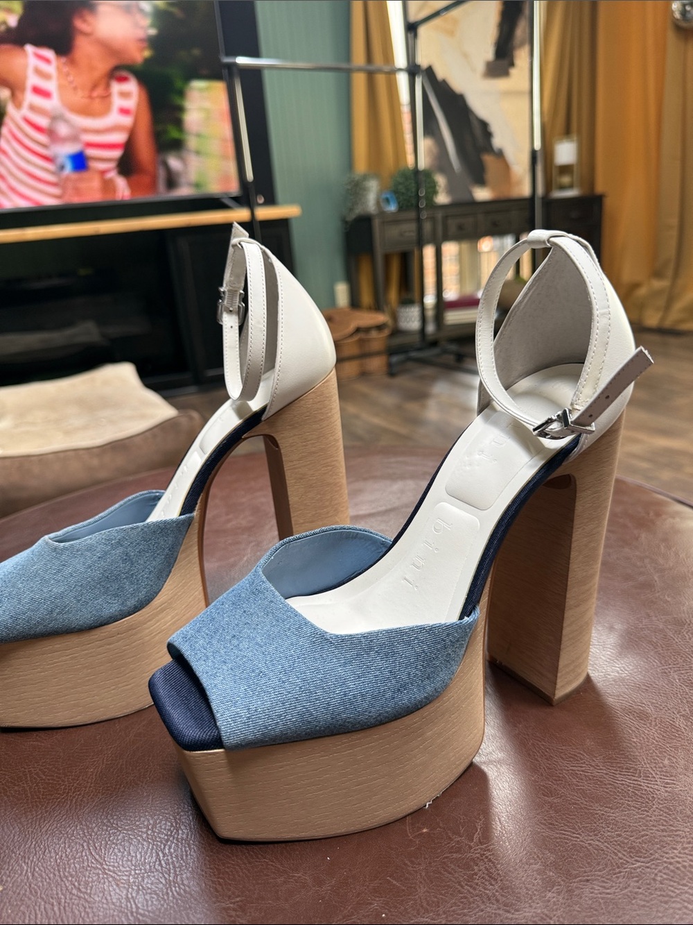 Gianni bini Platform Block Heel Sandals - Blue Denim & Cream Ankle Strap